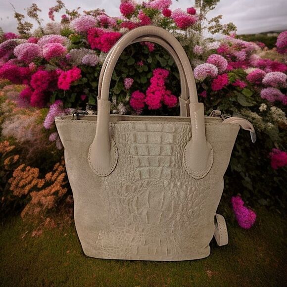 Borse in Pelle Suede Crossbody Bag Mini Bucket Bag Faux Croc Embossed Tan Italy. - Picture 1 of 16